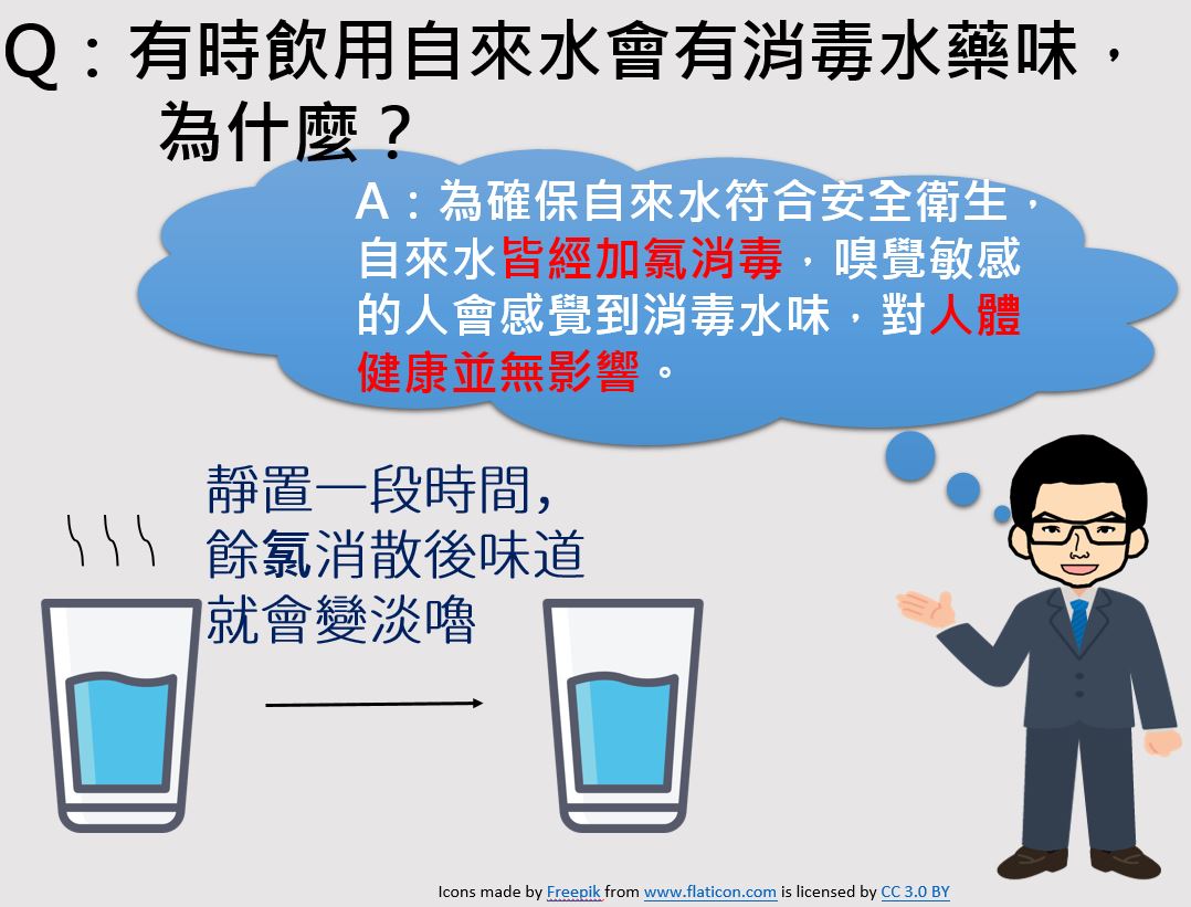 圖：為了避免水媒疾病，本公司於自來水中加氯消毒，並在自來水中維持適當的餘氯量，以確保在輸送過程中的水質安全，消毒藥劑添加量都在合理風險範圍內