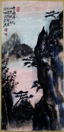 曾俊明老師彩色水墨畫作品雪積峰峰白烟寒樹樹稠寺深疎磐遠澗咽凍泉流