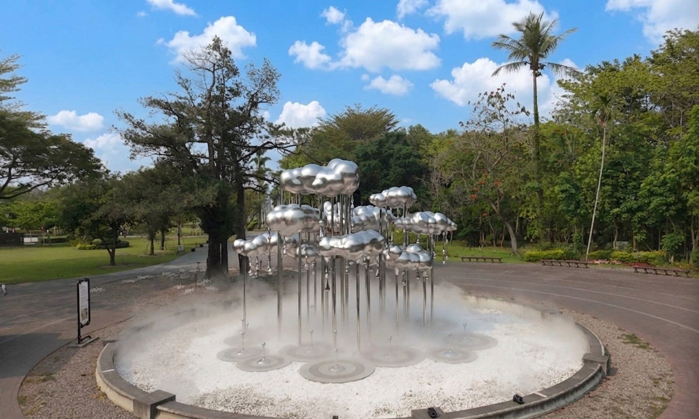 〈水語森林〉為具象徵性的代表作品，藝術家以雲朵、水霧與垂落結構為意象。