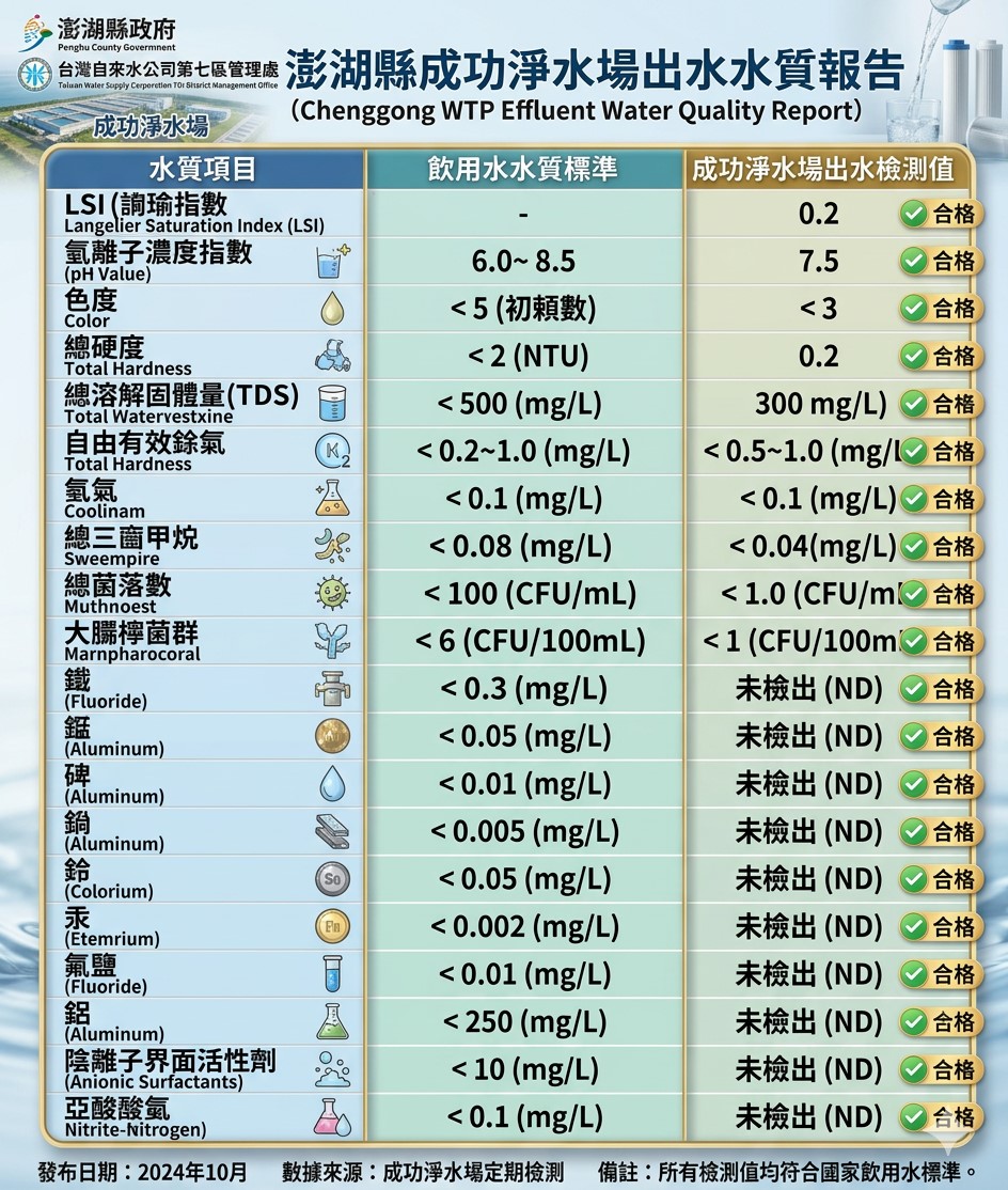 澎湖縣成功淨水場出水水質報告